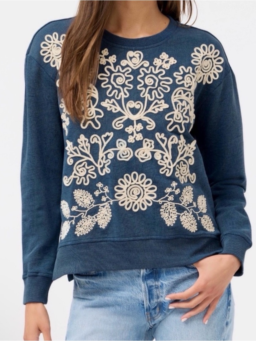 Johnny Was indigo sutash sweatshirt Marico Embroidery cotton Sz S Artsy NWOT